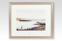 IEUAN LEWIS watercolour and gouache; The Saint Tudno berthed at Menai Bridge pier, signed and