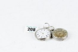 Two silver encased fob watches, one with a gilt leaf decorated dial with French maker`s name and the
