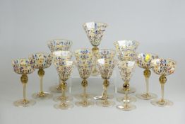 A fifteen piece amber glass drinking and sundae set, each bowl of octagonal form with painted