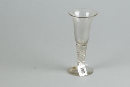 An 18th Century spiral twist stem wide necked tasting glass, 7.5 ins (19 cms) high