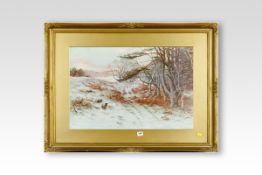 THOMAS FARQUHARSON coloured print; snowy landscape with sheep amongst bracken, 17.5 x 27 ins (45 x
