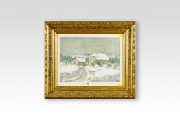 H THIBAUDIY European School oil on canvas; snowy buildings by a track, signed, 10.75 x 14 ins (28