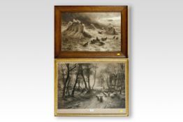 After FARQUHARSON print; drover and sheep in a woodland glade, 18 x 27.5 ins (46 x 70 cms), and