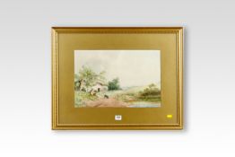 J BARCLAY watercolour; thatched cottage with boy and dog, signed, 11.5 x 17.75 ins (29 x 45 cms)