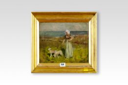 P MACGREGOR WILSON oil on canvas; bonneted lady with two lambs, indistinctly signed, and entitled