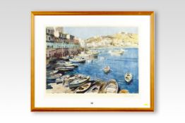 After EDWARD SEAGO coloured print; Continental harbour scene, signed and Guild stamped and published