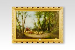 THOMAS BAKER oil on canvas; Continental scene - drover with lady on a donkey and sheep on a wooded
