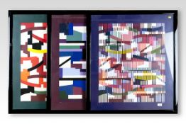 ARGAM a trio of three ultramodern coloured geometric theme prints; signed, 34.5 x 28.5 ins (88 x