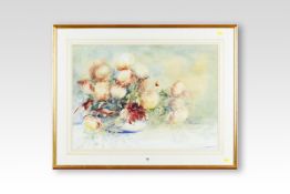 A L R RUSS watercolour; still-life mountain roses in a bowl, signed, 21 x 30 ins (53 x 76 cms)