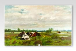 EVA TITLEY oil on canvas (unframed); landscape with cattle resting and watering by a river, signed