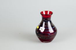 A red art glass globular narrow necked vase with bubble and cloud decoration
