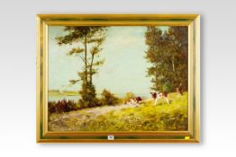 GUSTAV MELCHER oil on board; riverscape with calves resting by trees, 21 x 31 ins (59 x 79 cms)