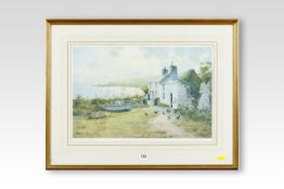 After WARREN WILLIAMS ARCA coloured print; Anglesey cottages with woman and poultry etc, 13 x 19.5