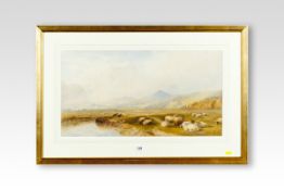 CORNELIUS PEARSON and T F WAINWRIGHT watercolour; landscape with resting sheep by a river and