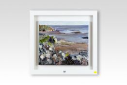 MAVIS GWILLIAM oil on canvas; rocky Anglesey coastalscape, signed, 12 x 16 ins (30 x 41 cms)