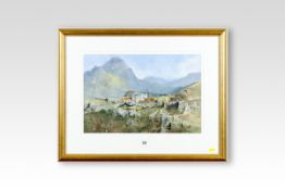 MALCOLM EDWARDS watercolour; Welsh landscape, farmstead in the hills, signed and entitled label