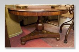 A Victorian mahogany circular loo table having a shaped and segmented centre pedestal to a