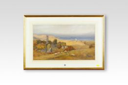 WILLIE STEPHENSON watercolour; coastalscape with ruins, sheep and waterside Church, signed and dated