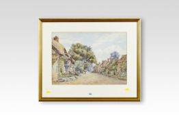 J WALTON BURNETT watercolour; street scene with figures and thatched cottages, signed, 13.75 x 19.75