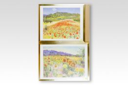 F GORE coloured Limited Edition prints, Provence scenes; 1. Poppies with buildings on a hillside (