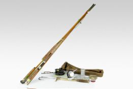 A neat parcel of one-owner fishing items comprising an Allcocks three piece fly rod with canvas bag,
