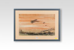 CAPTAIN LACEY watercolour; First World War battle scene with British bi-plane attacking, signed `