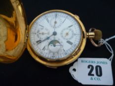 An eighteen carat gold hunting cased quarter repeater calendar chronograph with aperture for moon