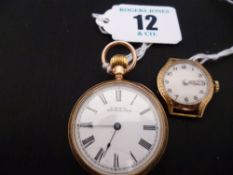 A ten carat bright cut gold encased lady`s fob watch with white enamel dial (hairline cracks) and