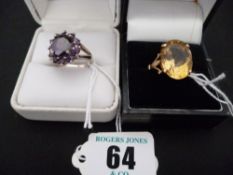 A white metal dress ring with large oval purple stone and surrounding small stones; and a nine carat