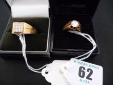 A nine carat gold signet ring with CZ stone; and a nine carat gold signet ring with square set