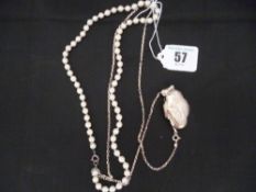 A pearl necklace; and a silver link chain with bright cut sterling silver photograph locket