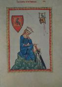 An interesting print of a medieval prince with crest and sword, 14 x 10 ins (35.5 x 25.5 cms).