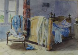 ANN WHALLEY watercolour; interior scene, entitled verso  ‘My Bedroom in the Loft’, signed, 11 x 16