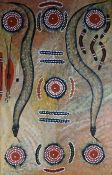 BARNEY DANIELS oil on canvas; Australian indigenous abstract with snake, boomerangs and motifs,