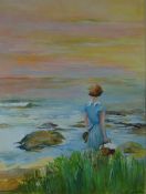 CAROLE M HOPKIN pastel; figure standing beside the sea entitled verso ‘Sunset, Gower’, signed, 15.75