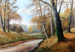 E LANDBERG oil on canvas; woodland scene with path, signed, 25.25 x 35.5 ins (64 x 90 cms).