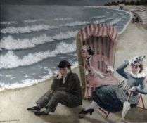 SUZANNE EISENDIECK oil on canvas; two young women and a man relaxing by the water’s edge on a