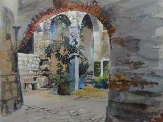 THEO WALLEY gouache; entitled verso ‘Venetian Courtyard’, signed, 12.5 x 16.25 ins (31 x 41 cms).