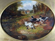 JOHN FREDERICK HERRING Jnr (1815 - 1907) oil on canvas; ‘DUCKS AND DRAKES’, charming scene with