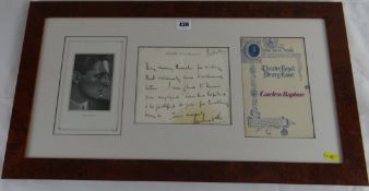 A framed signed letter by Ivor Novello on his headed paper, the letter reading ‘Very many thanks for