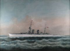 20th Century British School oil; study of HMS Hawkins, China Station, entitled, 16.5 x 22.5 ins (