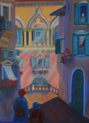 CAROLE M HOPKIN pastel; Venetian scene entitled verso ‘Via Rosa, Venice’, signed 15.75 x 12 ins (