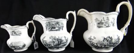 Glamorgan Pottery (1813-1839); a graduated set of three transfer black and white printed pouch