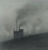 TREVOR GRIMSHAW pencil drawing; a moorside terraced house and an industrial chimney, both