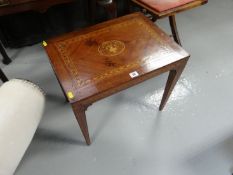 A small rectangular Italian marquetry and veneered occasional table on corner square tapered