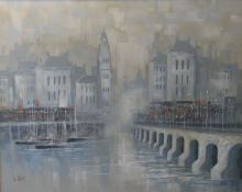 LEE REYNOLDS oil on canvas; city scene with river-bridge, signed, 47 x 59 ins (120 x 150 cms).