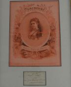 A framed autograph of the famous Welsh opera singer Adelina Patti on what appears to be a calling