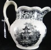 Circa 1830 black and white transfer printed pouch jug with Chinese scenes, probably Glamorgan