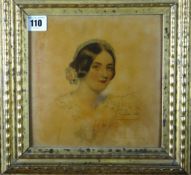 Anonymous oiliograph portrait of a lady in a good gilt frame, 7.5 x 8 ins (19 x 20 cms).