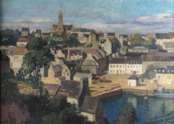 NORMAN JANES oil on canvas; French town with church and dock, entitled verso on artist’s address